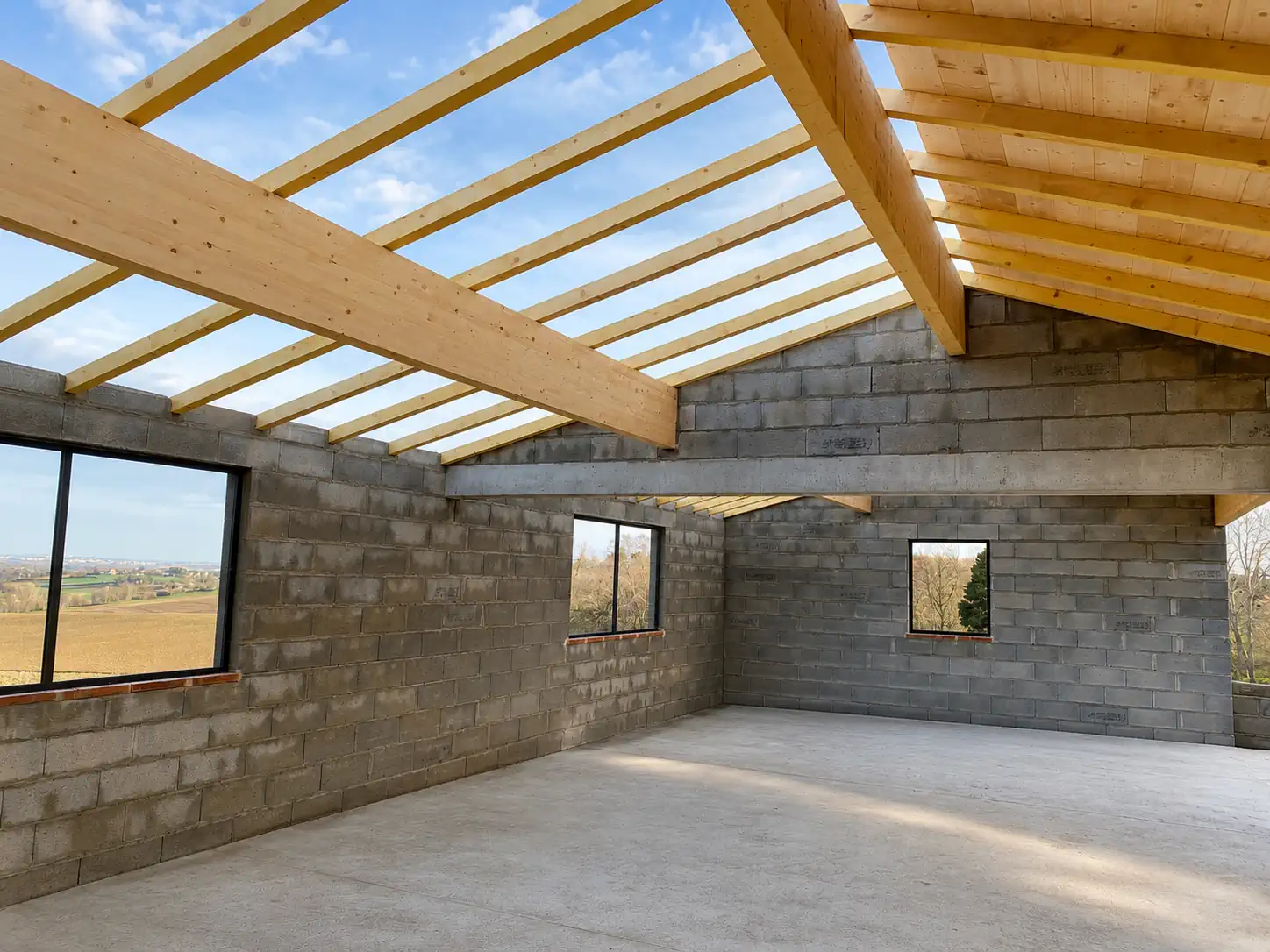 Intérieur d'extension avec charpente bois – ETCM