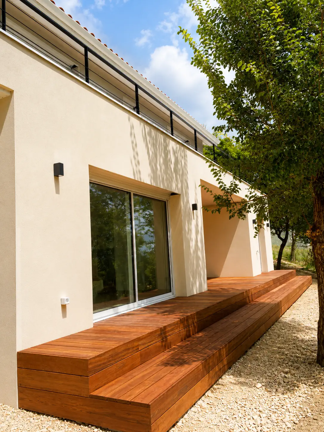 Terrasse bois d'une maison neuve sur coteau