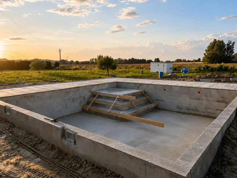 Construction neuve piscine chantier beton